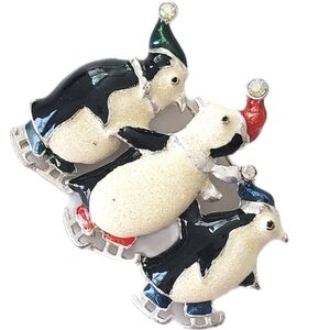 Vintage 3 Penguins Skating Christmas Holiday Brooch Pin Stocking Stuffers
